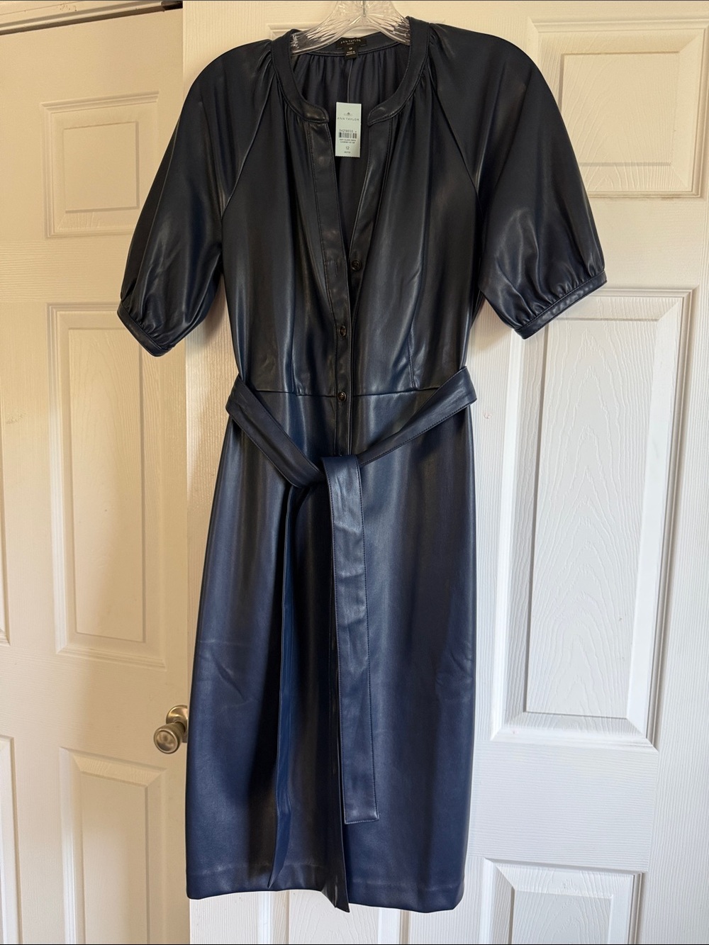 Ann Taylor Navy Faux Leather Belted Midi Dress